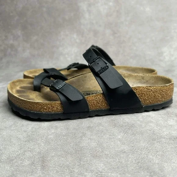 Birkenstock Mayari Womens 7 Sandals Slip On Strappy Black Leather Toe Loop EU 38 - Picture 2 of 9